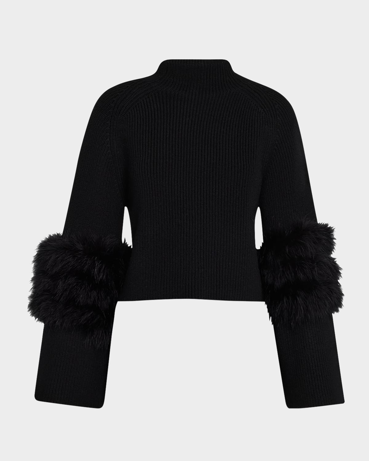 Mock-Neck Crop Merino Sweater With Marabou Feather Trim