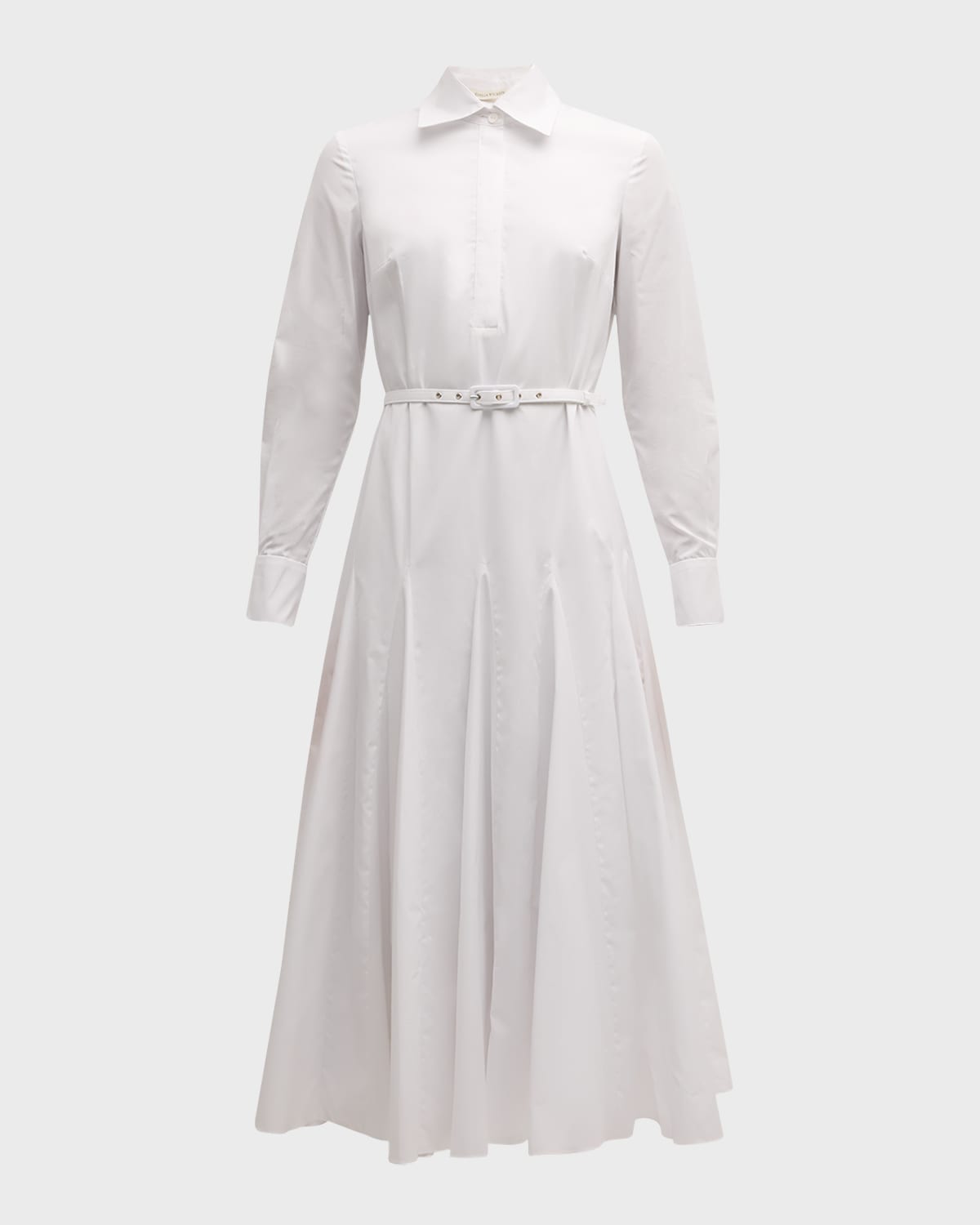 EMILIA WICKSTEAD MUSE LONG-SLEEVE BELTED GODET-SKIRT MIDI SHIRTDRESS 