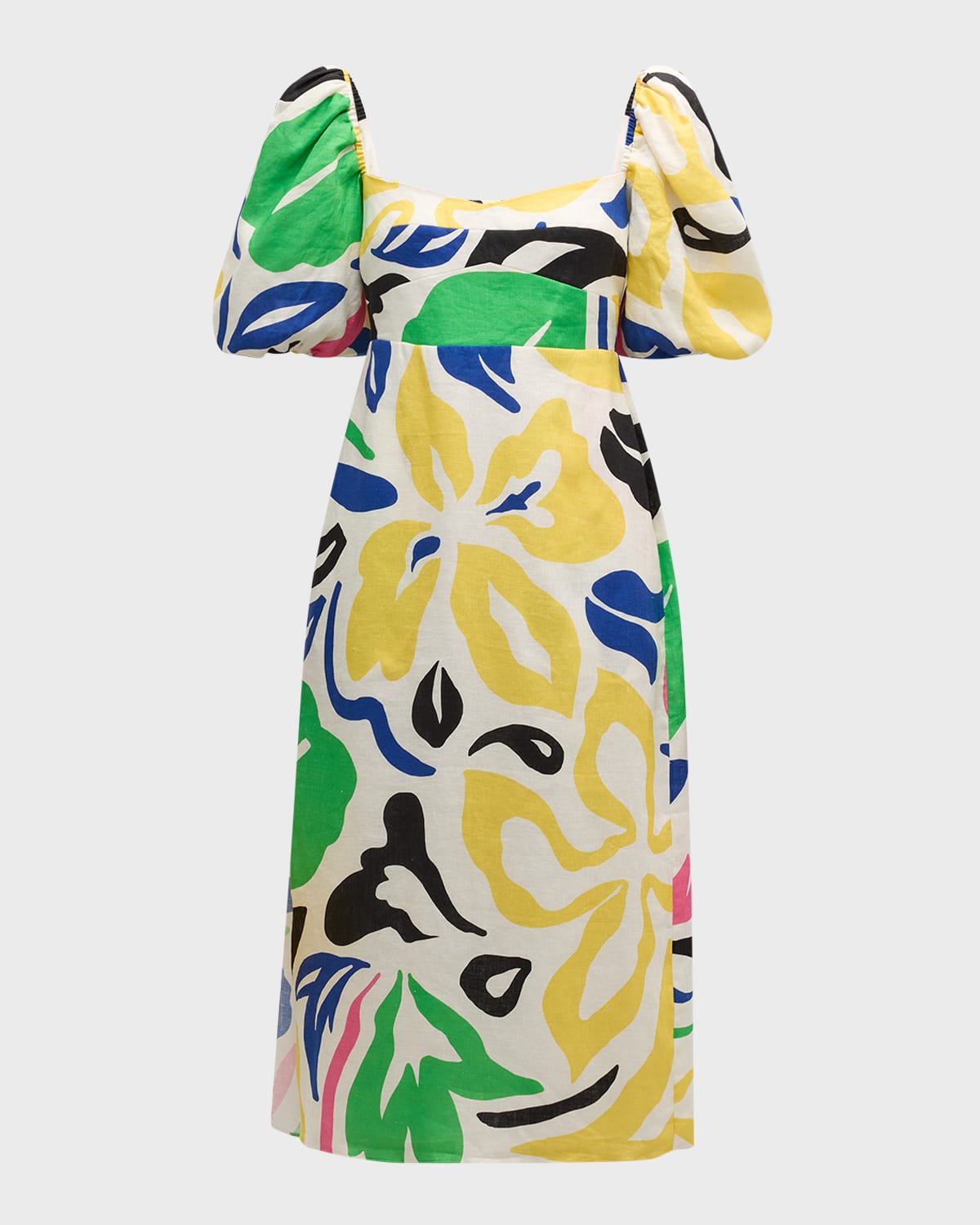 Cala De La Cruz Uti Puff-sleeve Multicolor Linen Midi Dress In Miscellaneous