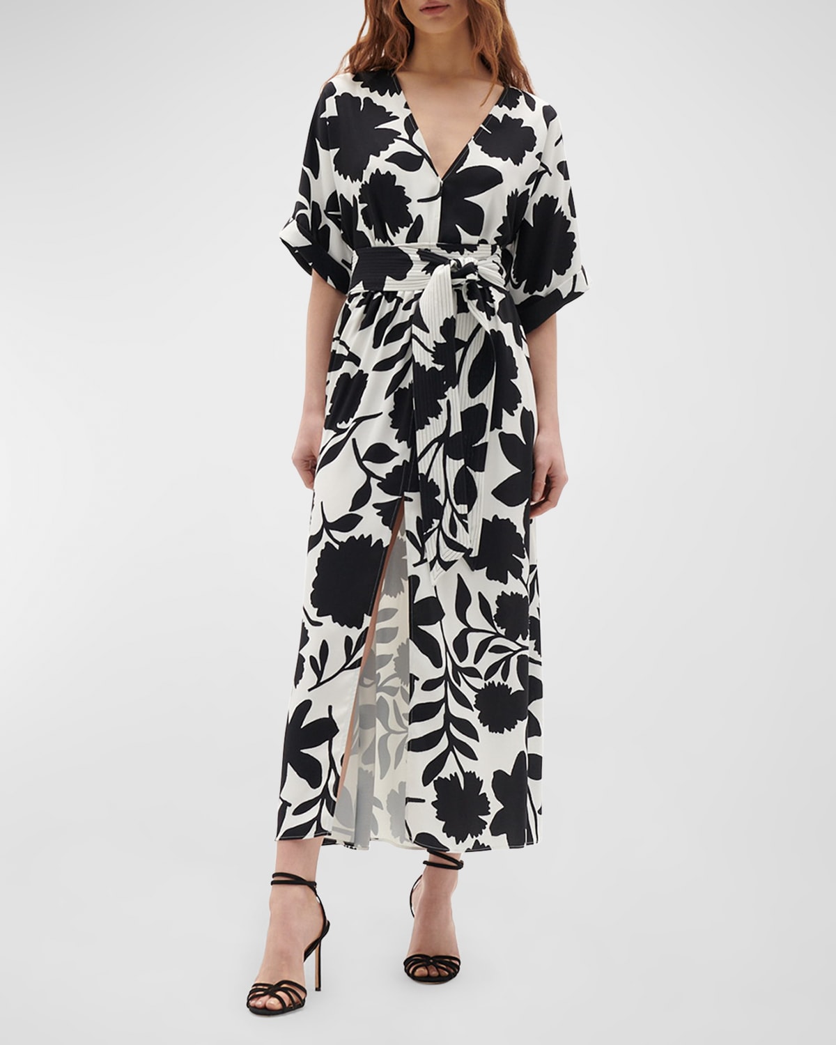 Shop Figue Neva Floral-print Short-sleeve Belted Midi Dress In Graphic Floral Onyx
