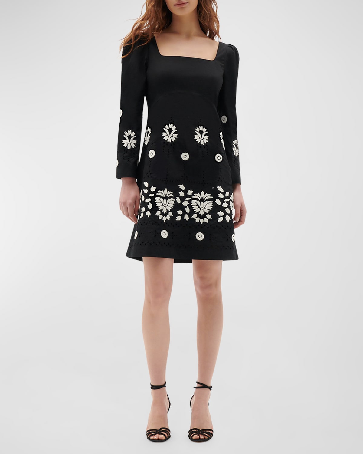 Mazie Eyelet Embroidered Square-Neck Long-Sleeve Mini Dress