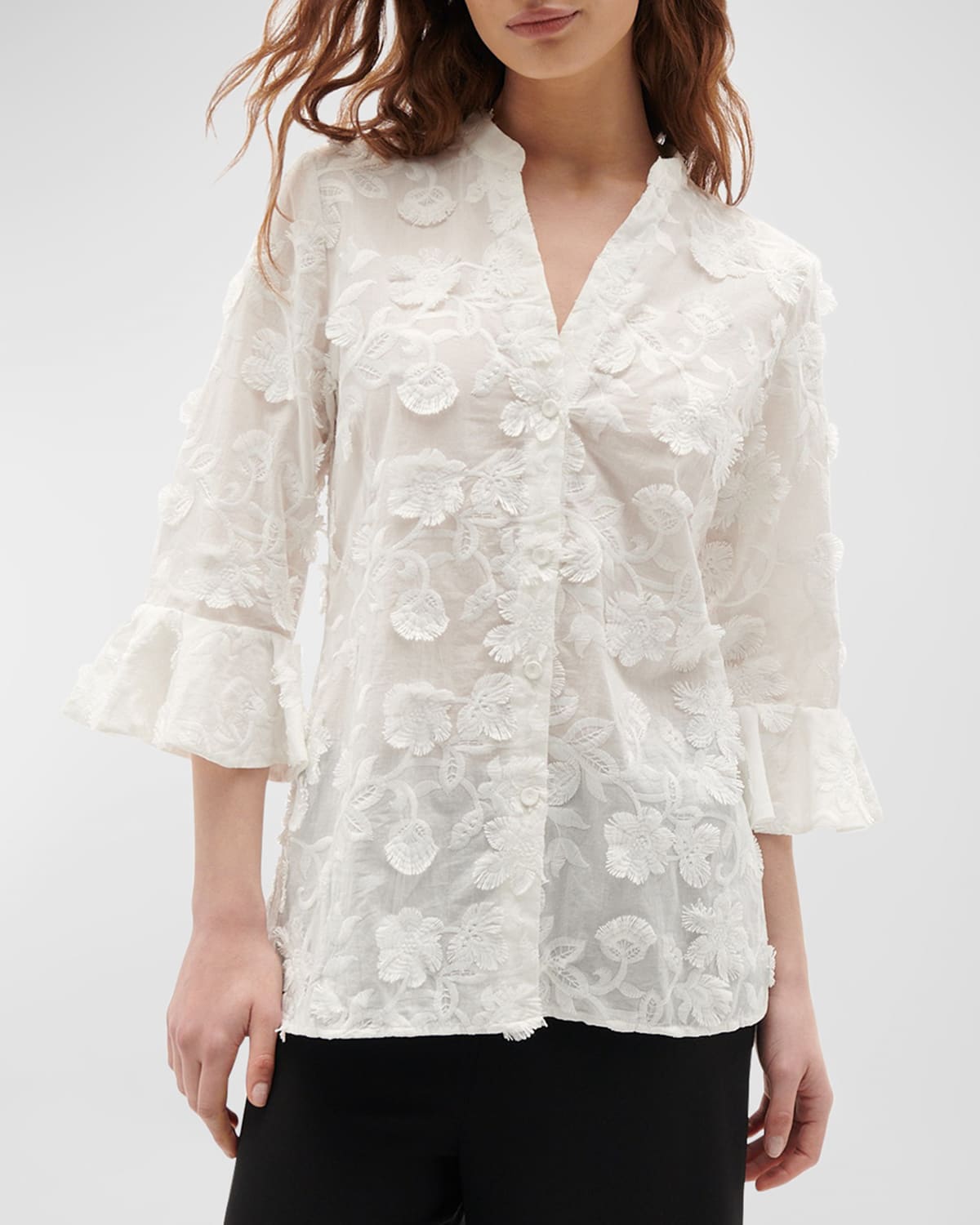 Arielle Frayed Floral Bell-Cuff Top