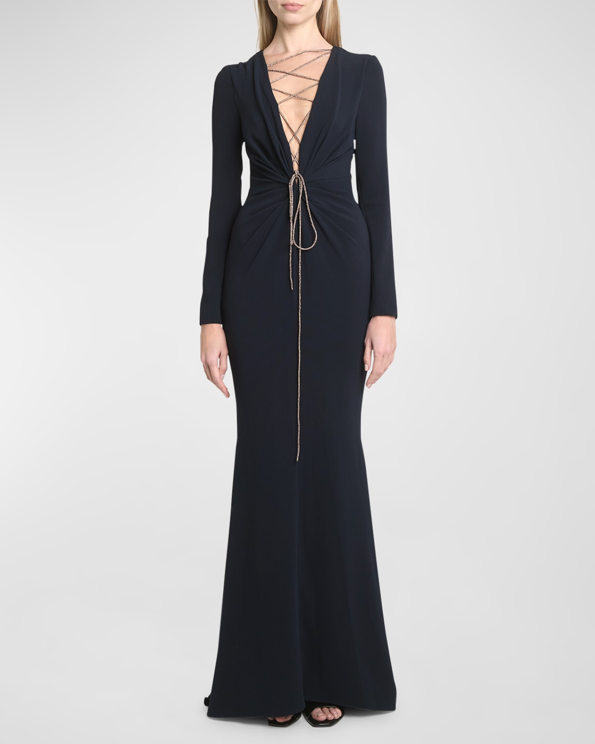 Talbot Runhof Lace-up Plunging Long-sleeve Cady Trumpet Gown In Black