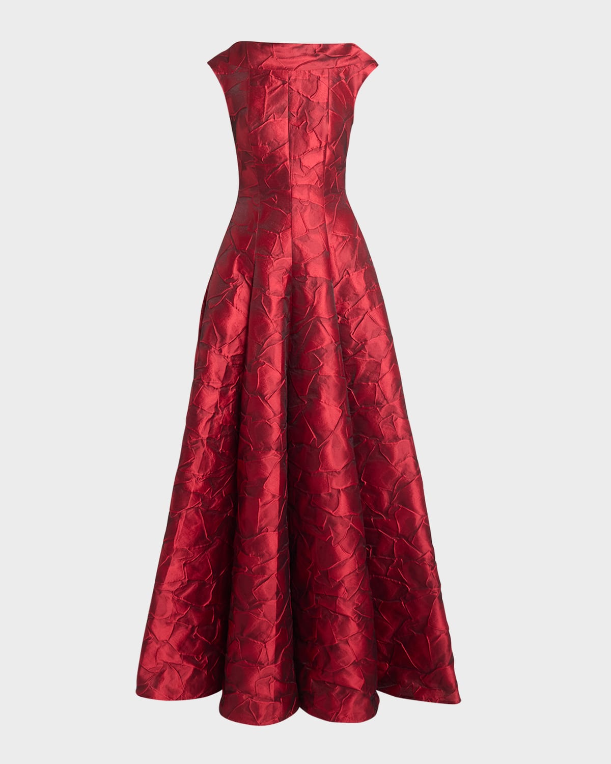 Talbot Runhof Ruffles Jacquard Cap-sleeve Gown In Scarlet