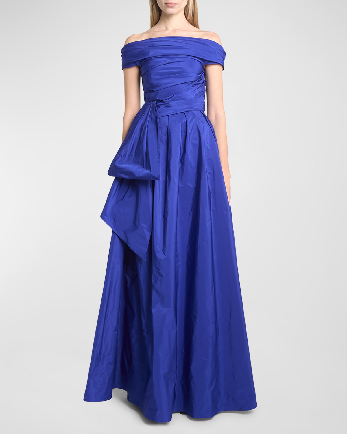 Talbot Runhof Paper Taffeta Off-the-shoulder Bow Gown In Blue
