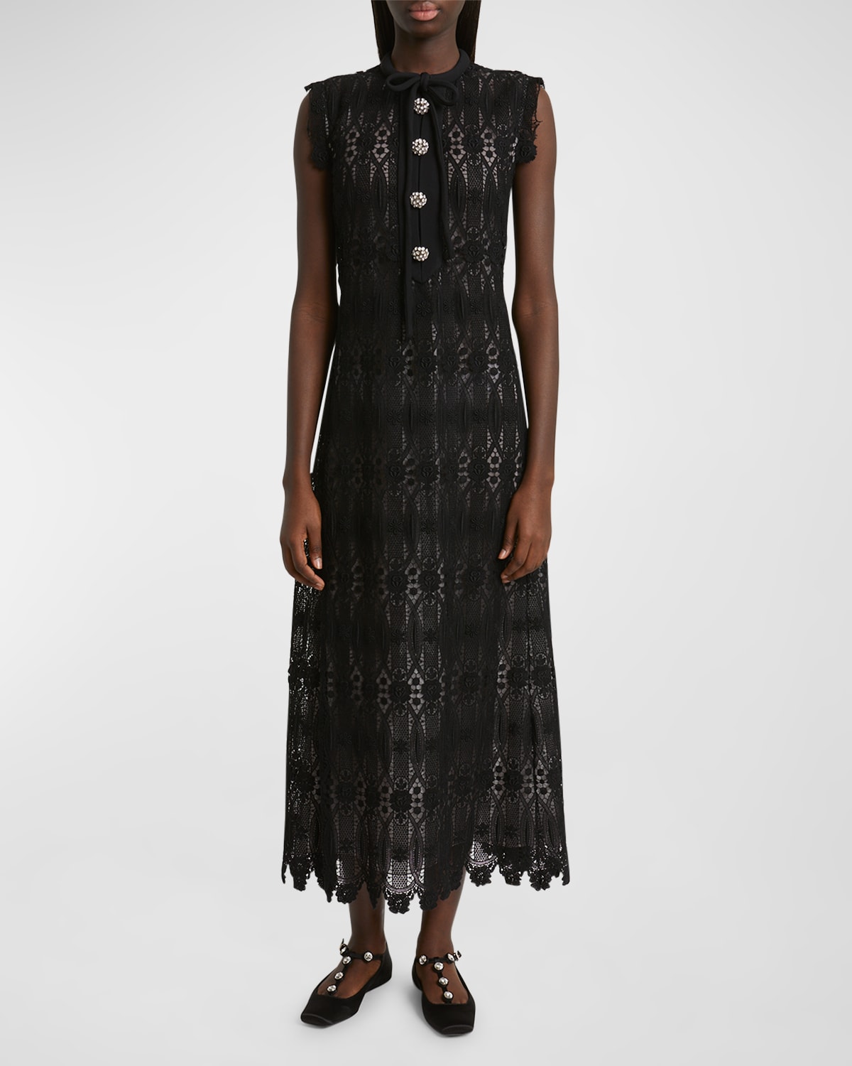 Giambattista Valli Crystal-button Sleeveless Guipure Lace Midi Dress In Black