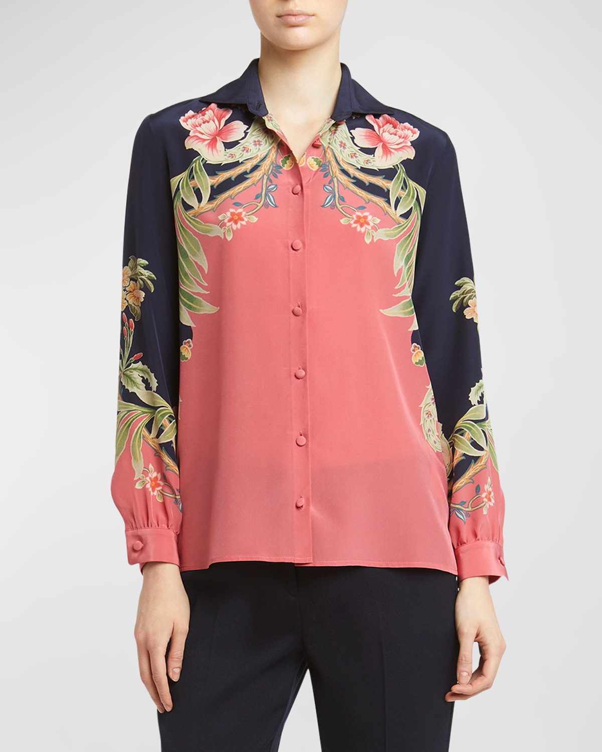 Shop Etro Enchanted Floral Long-sleeve Silk Engineered Shirt In Print On Blue Base