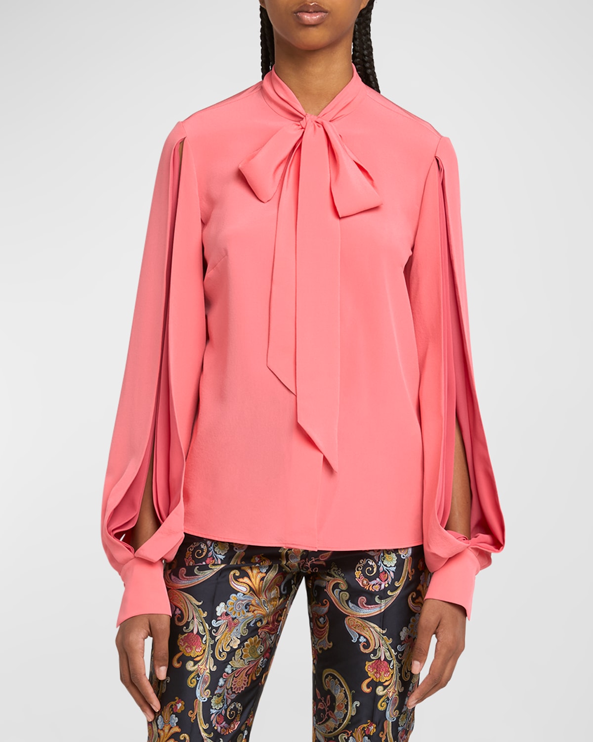 Shop Etro Slit-sleeve Neck-tie Silk Blouse In Cyclamen Pink