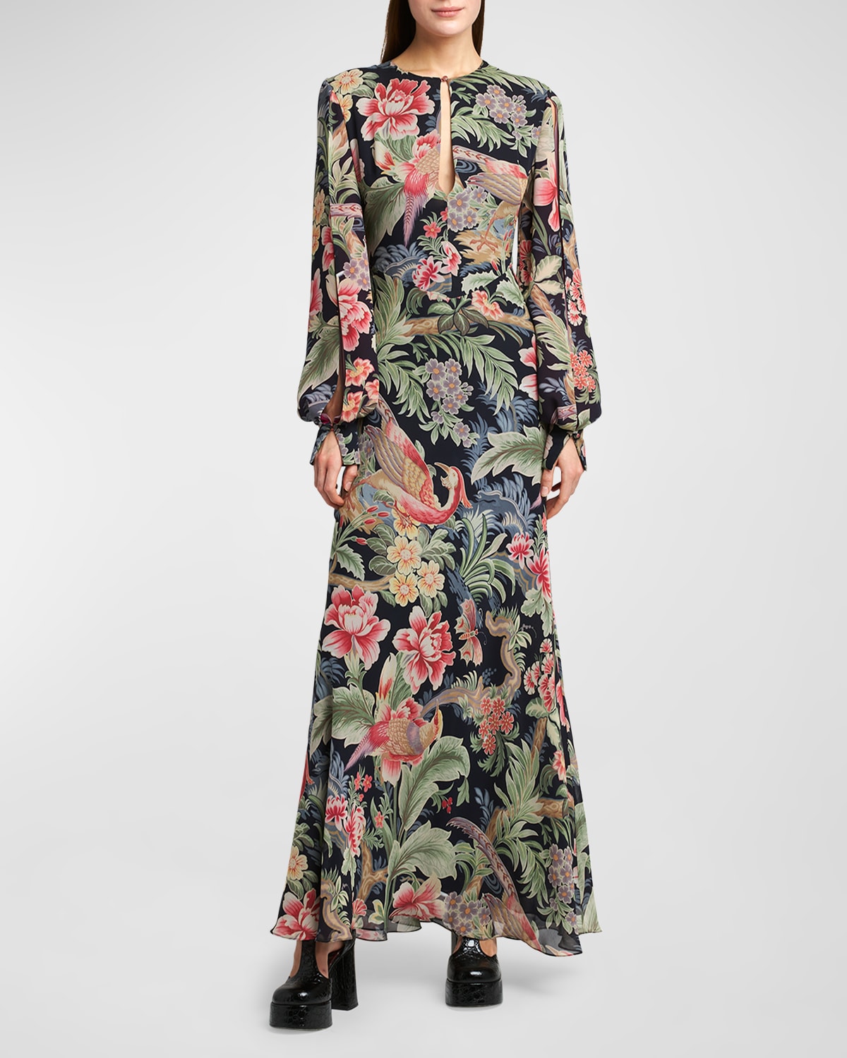 Etro Allover Floral Slit Long-sleeve Silk Gown In Multi