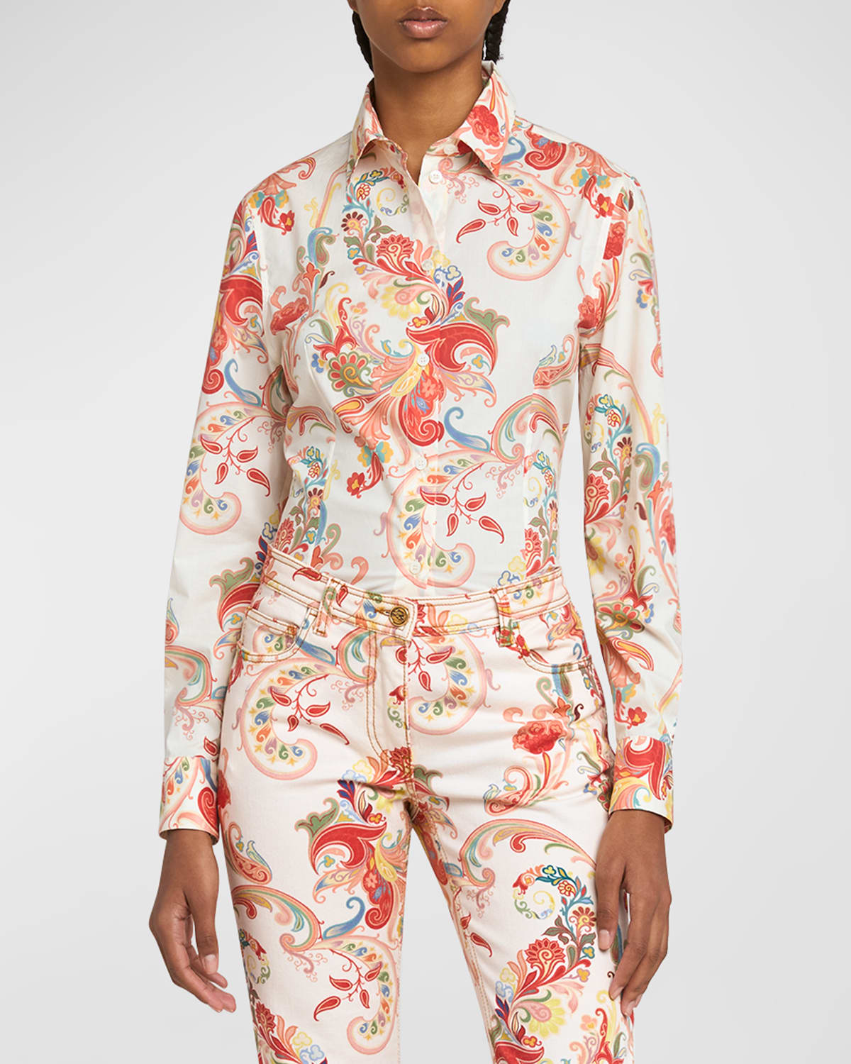 Shop Etro Paisley Deco Cotton Fitted Button-down Shirt In Print On White Base