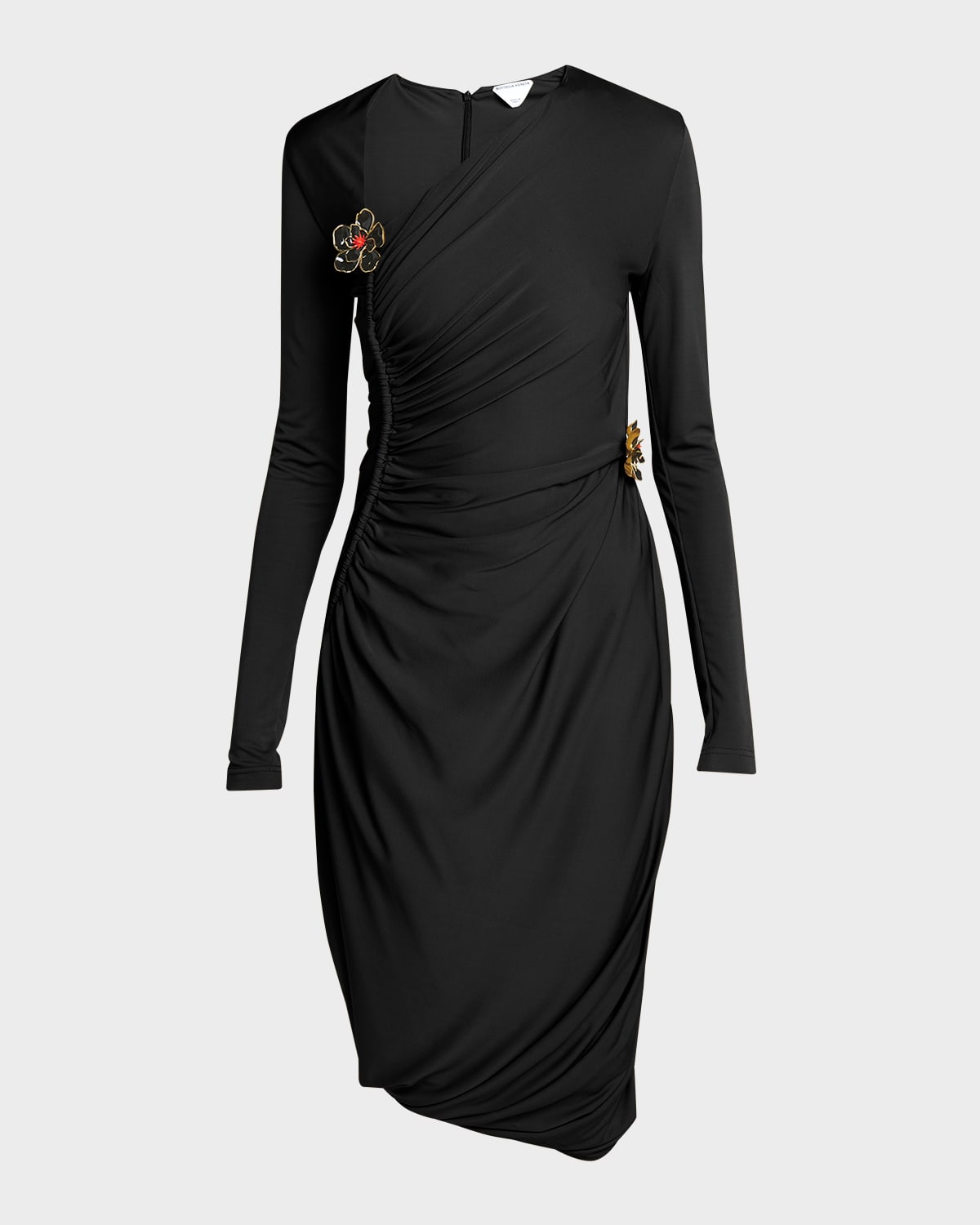 Bottega Veneta Flower-applique Long-sleeve Ruched Matte Crepe Viscose Jersey Dress In Nero