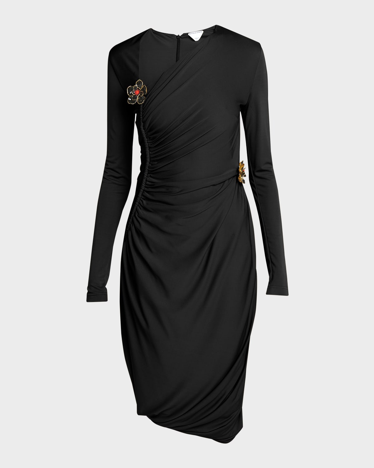 Bottega Veneta Flower-applique Long-sleeve Ruched Matte Crepe Viscose Jersey Dress In Black