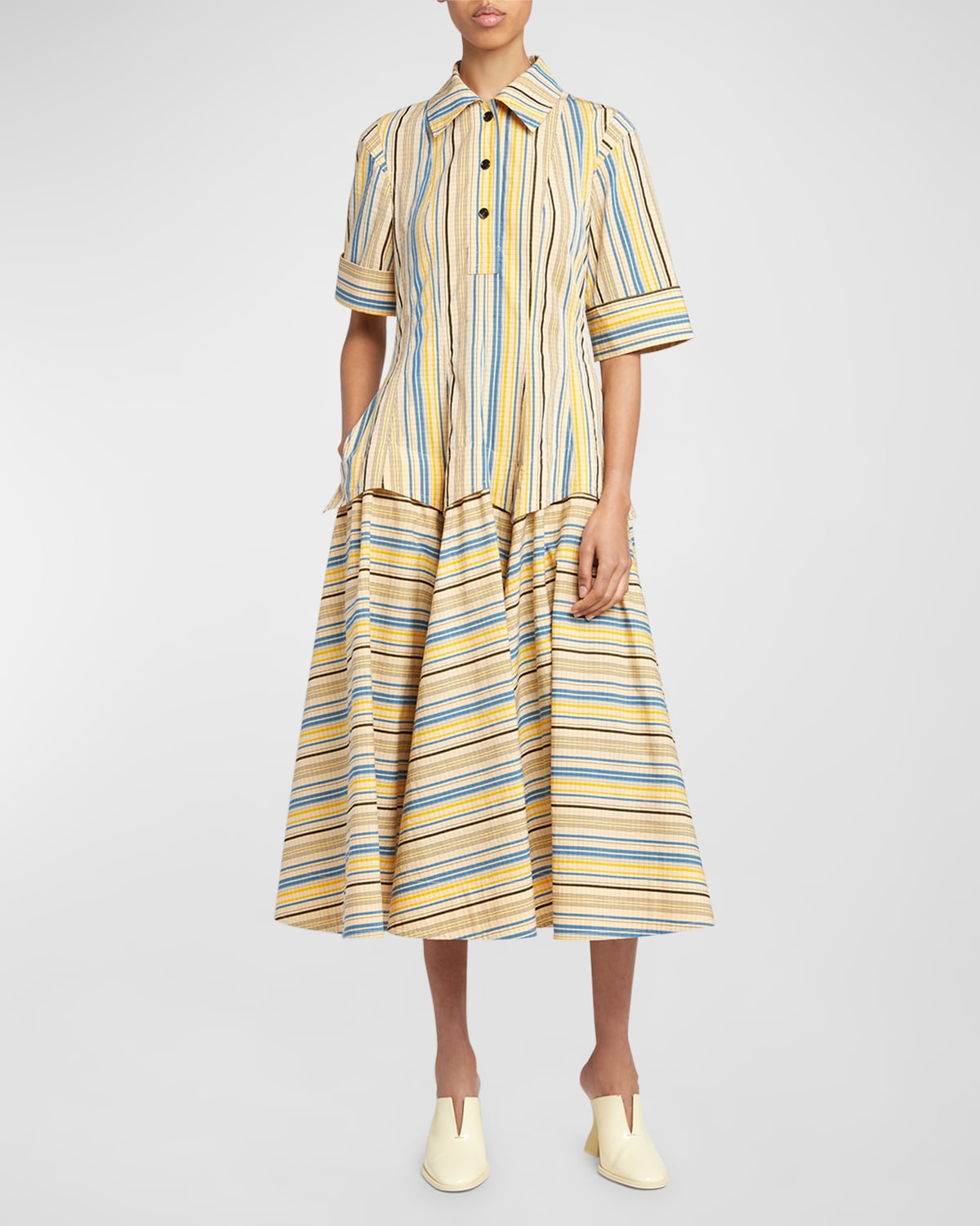 Shop Bottega Veneta Optical Crinkle Check Short-sleeve Midi Shirtdress In Luce