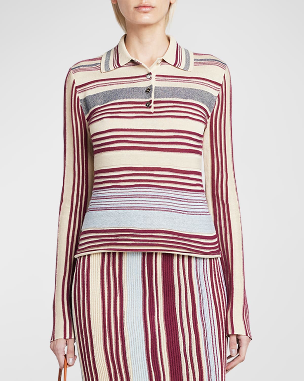 Bottega Veneta Long-sleeve Stripe Linen Rib Polo Sweater In Neutral
