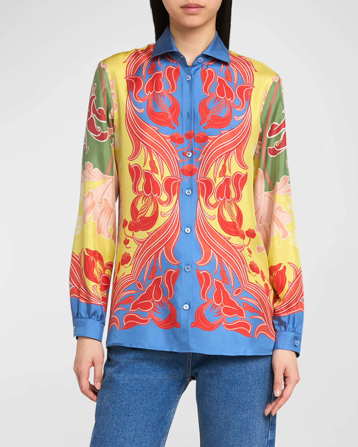 Shop Etro Printed Silk Long-sleeve Button-down Shirt In Print On Yellow Base