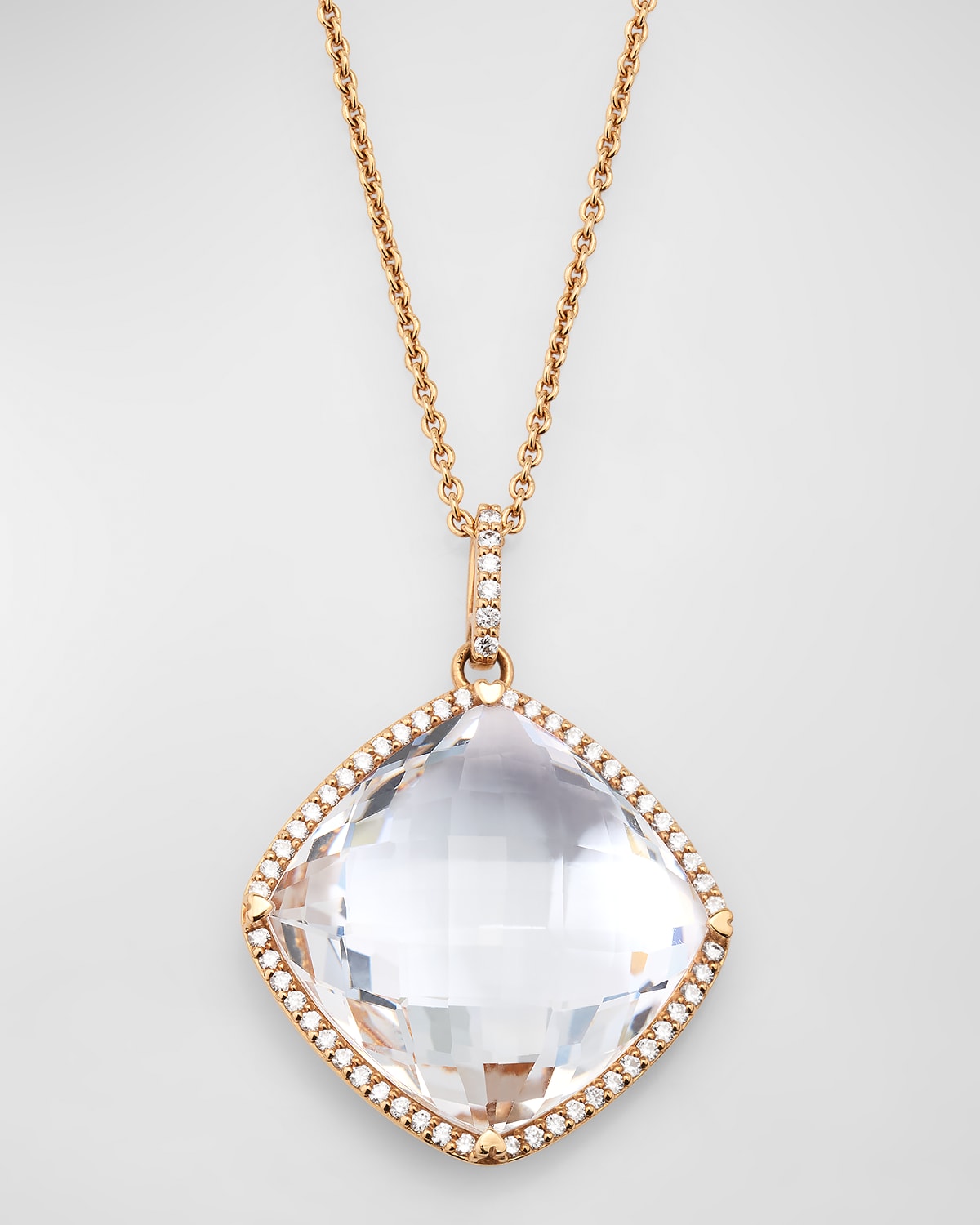 18K Rose Gold Cushion Shaped Rock Crystal Quartz Pendant with Diamonds