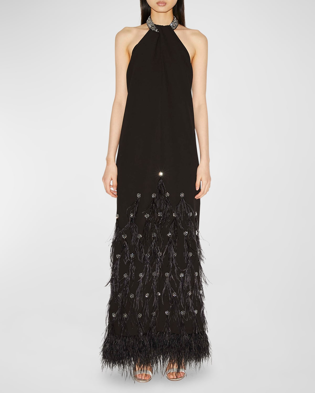 Vic Crystal Feather Halter Gown