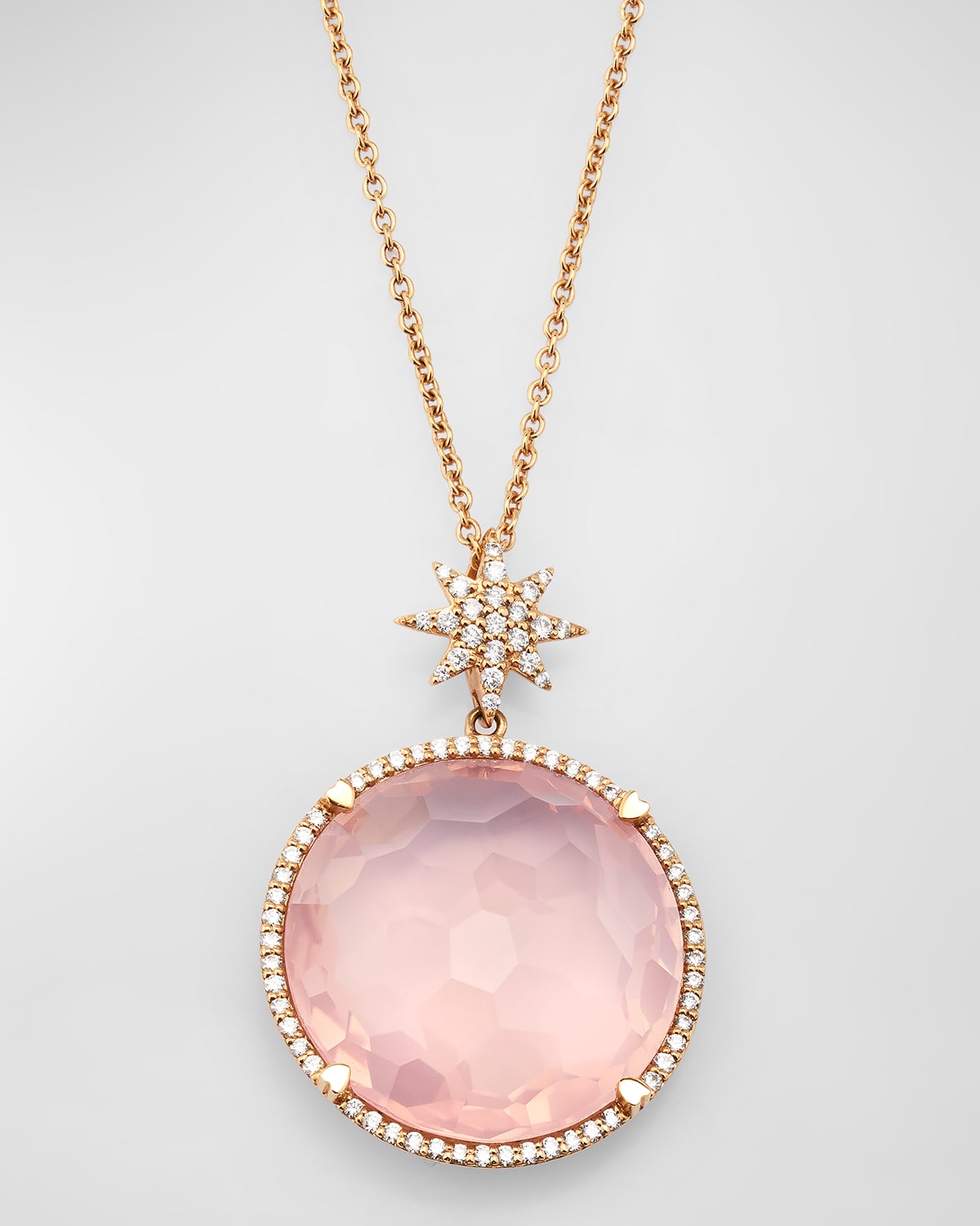 18K Rose Gold Rose Quartz Round Pendant with North Star Bail and Diamonds