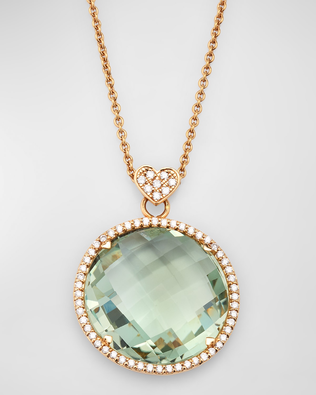 18K Rose Gold Green Quartz Round Pendant with Heart Bail and Diamonds