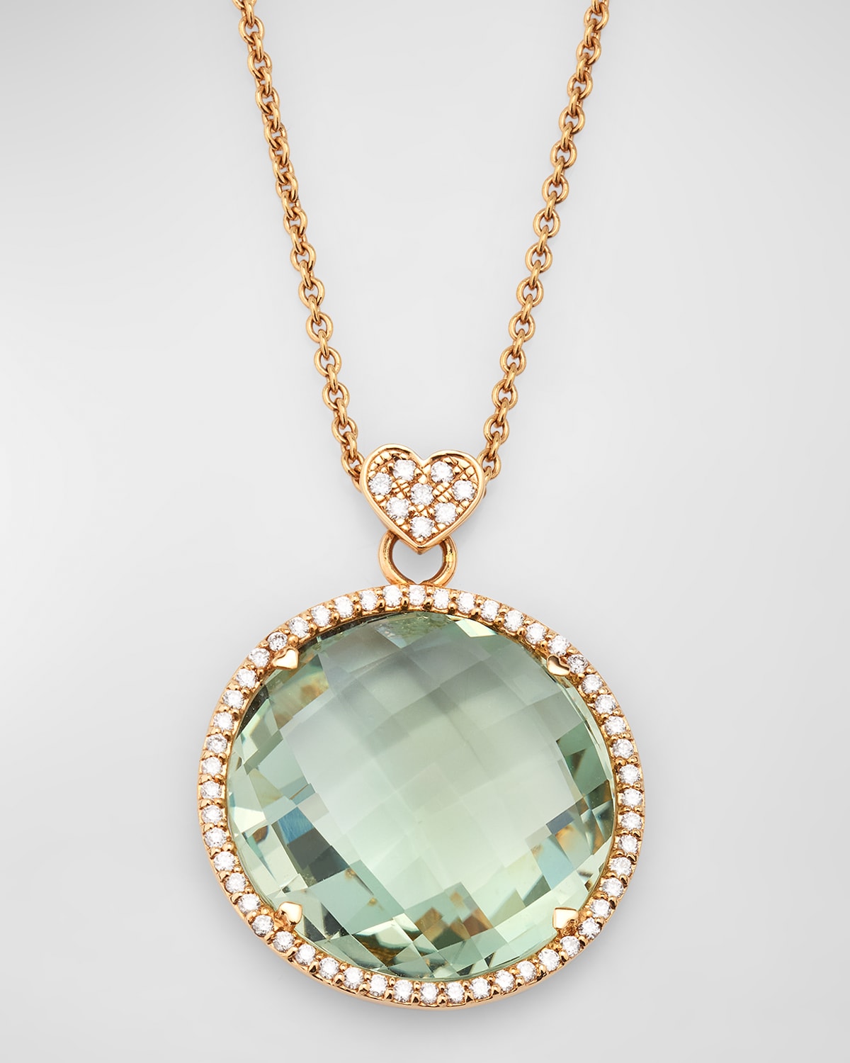 Rocks 18K Rose Gold Green Quartz Diamond Halo and Heart Bail Pendant Necklace