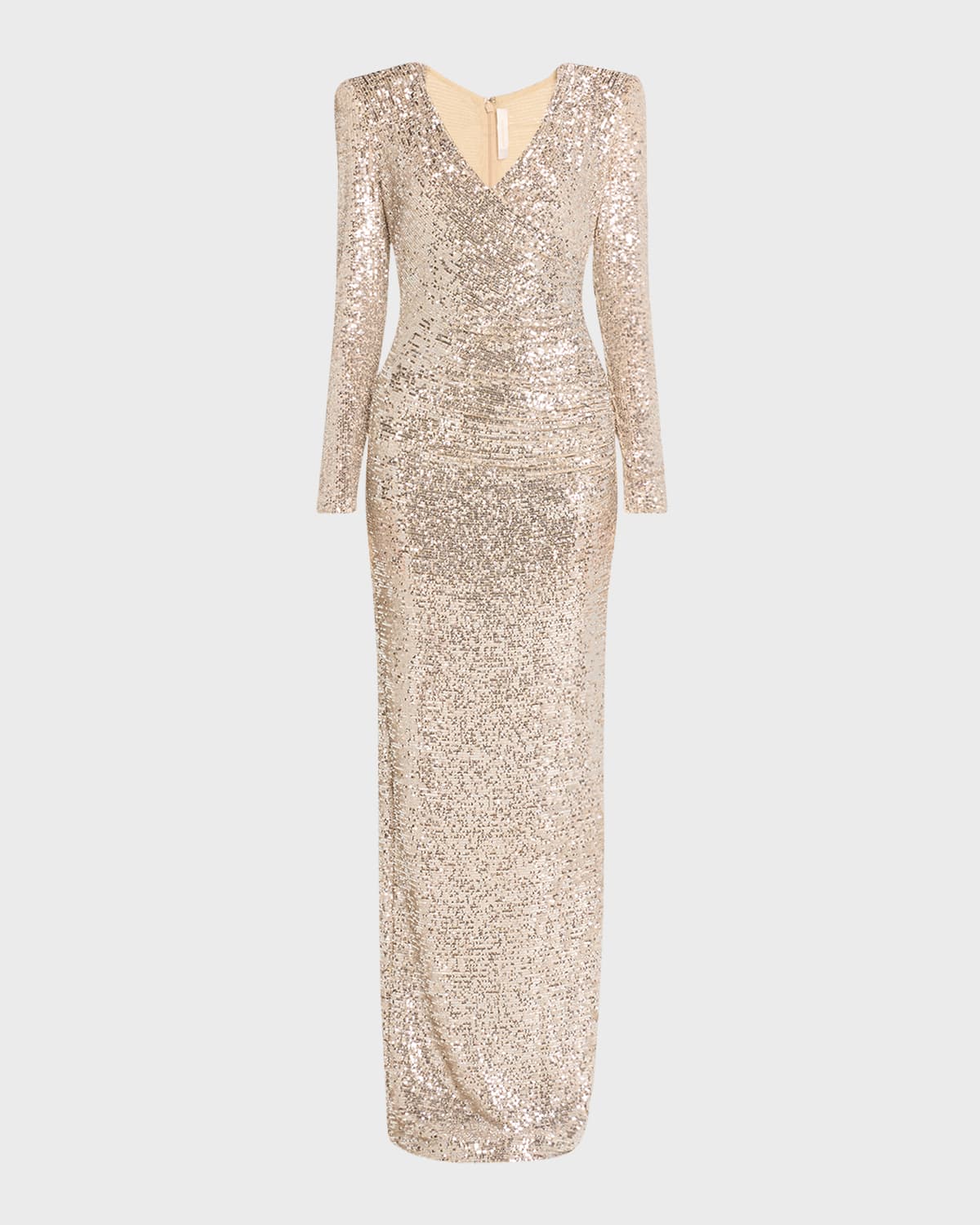 Naeem Khan Sequined Column Gathered V-neck Gown In Silver