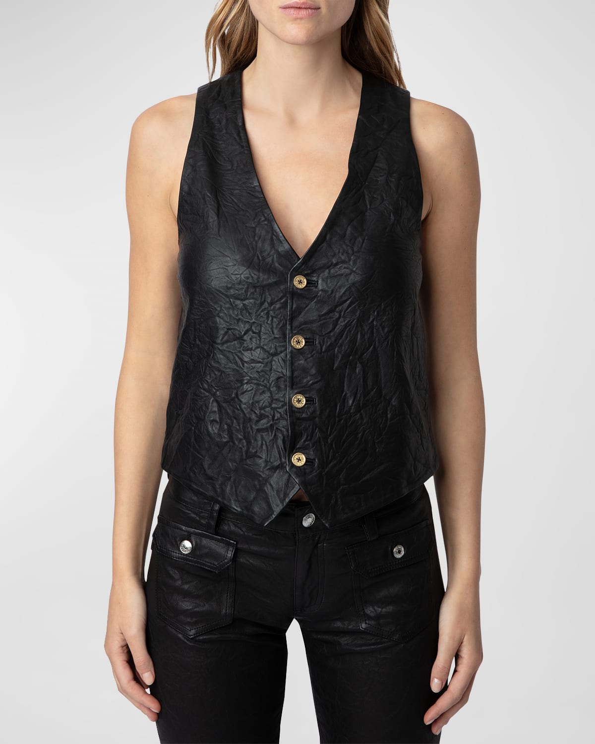 Shop Zadig & Voltaire Emilie Crinkled Lambskin Leather Vest In Noir