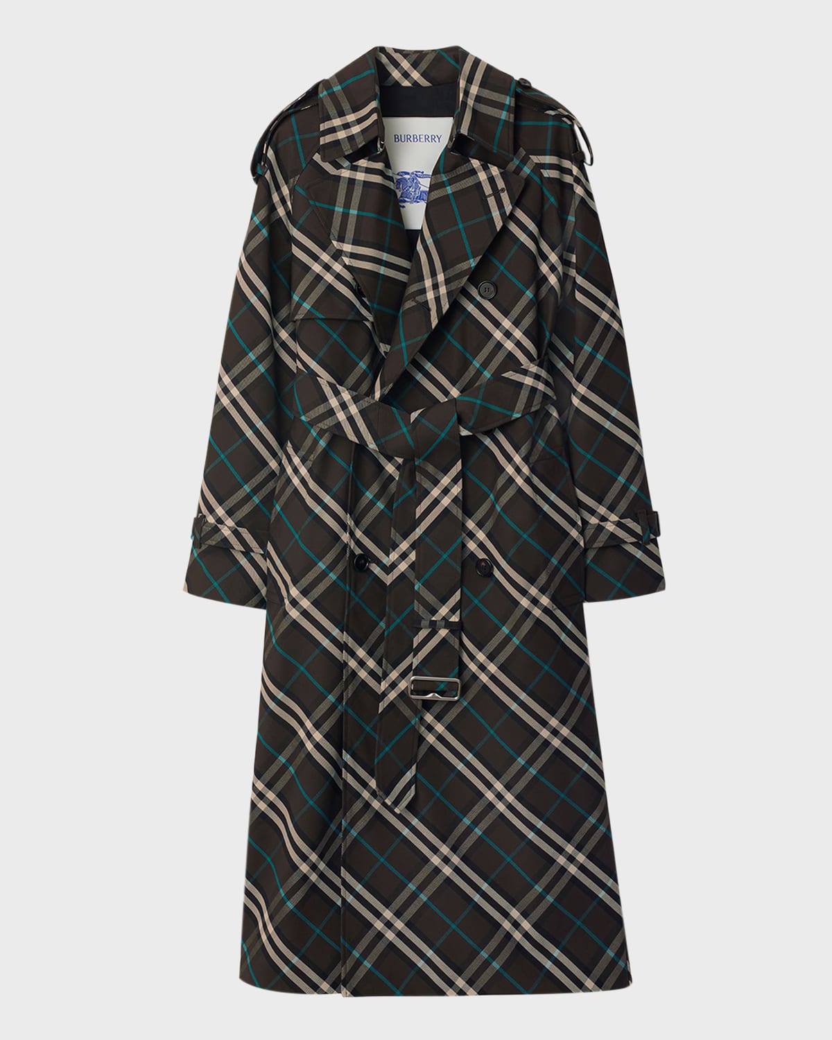 Burberry Green Oversized Double-breasted Trench Coat With Check Motif In Twill Woman In Snug Ip Check