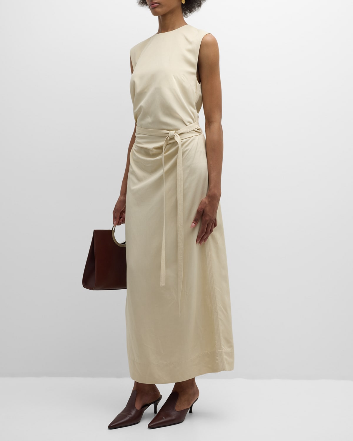 Shop Totême Ruched Sleeveless Tie-waist Fluid Maxi Dress In Light/pastel Grey
