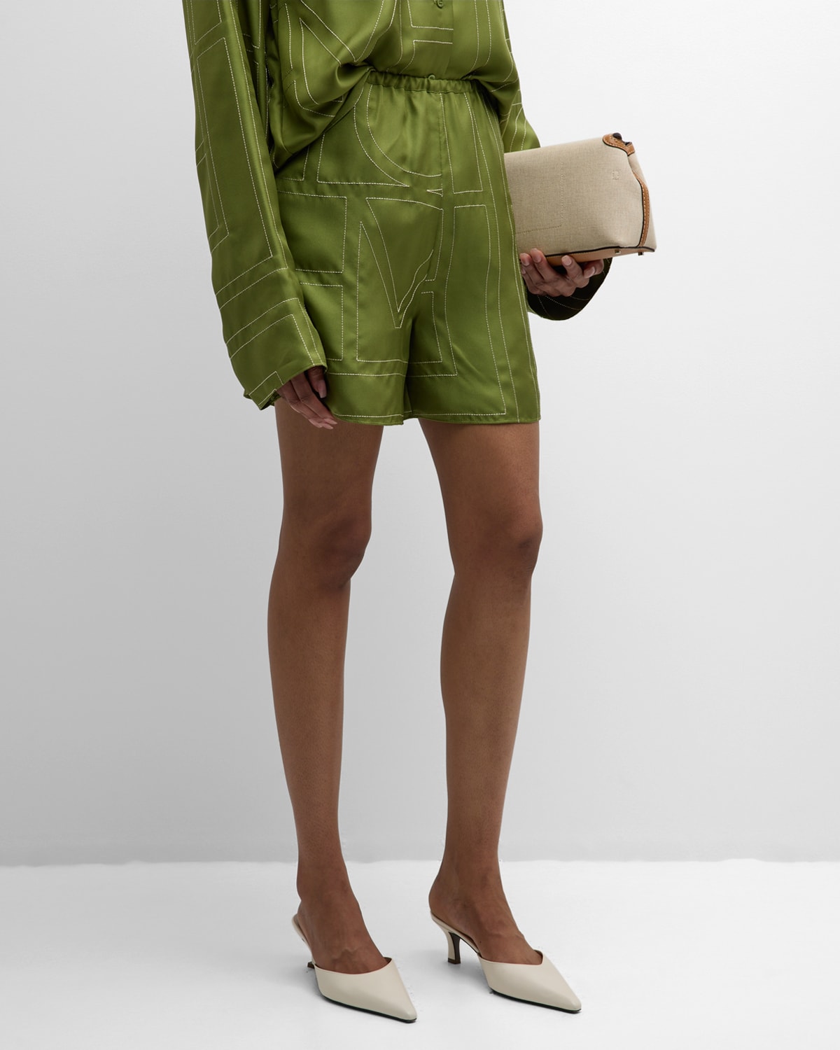 Totême Monogram Embroidered Silk Pajama Shorts In Green