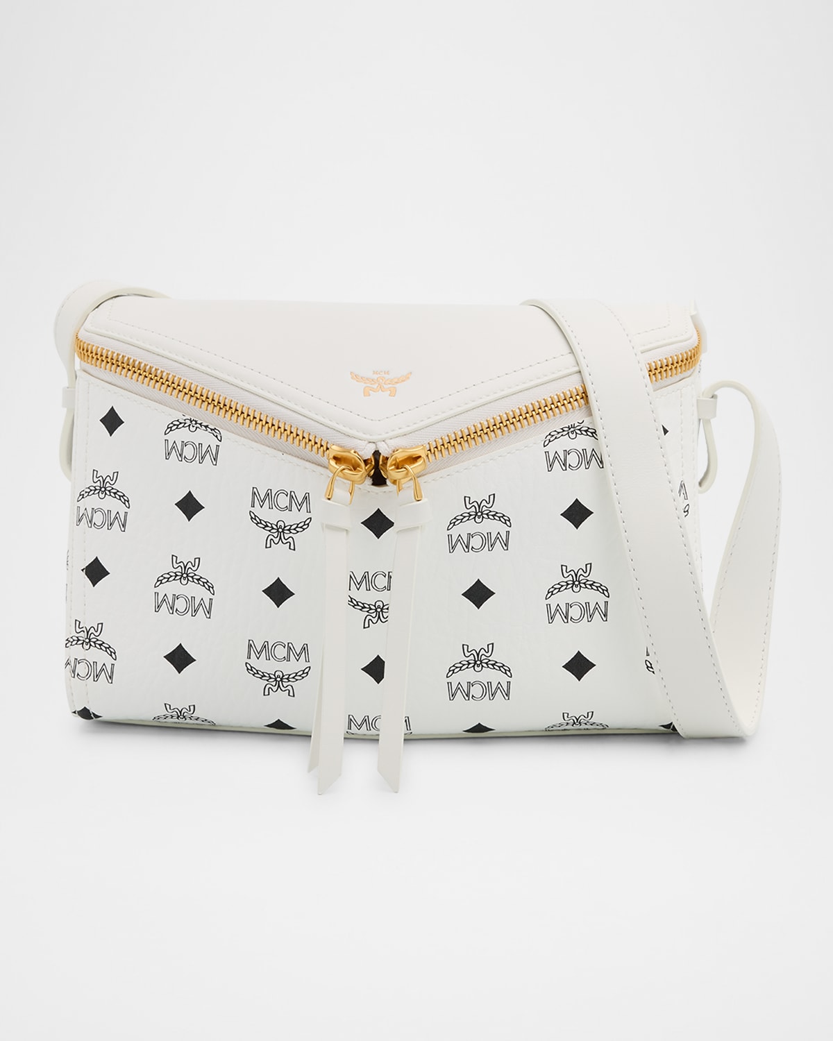 Mcm Visetos Zip Faux Leather Shoulder Bag In White
