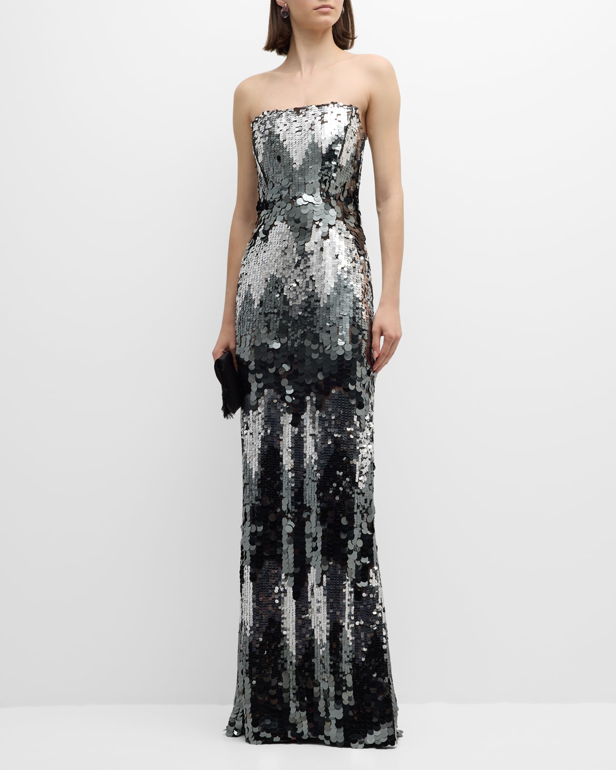 Bronx And Banco Farah Strapless Sequin Column Gown In Blacksilver