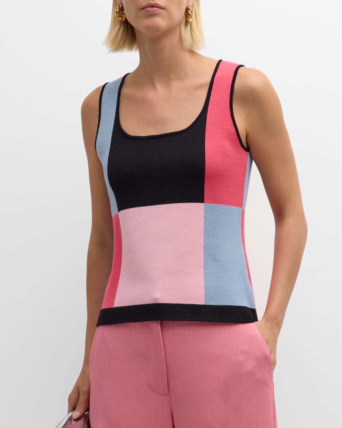 Shop Elie Tahari The Aurelia Sleeveless Colorblock Sweater In Island Pink/dark Island Pink/noir/ Blue Breeze