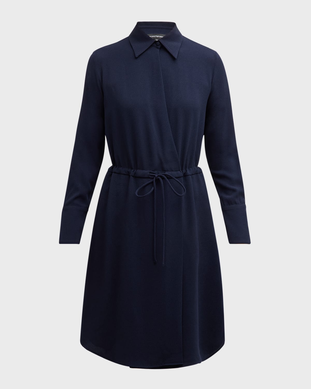 Emporio Armani Long Sleeve Tie Waist Crepe Shirtdress In Blue Night