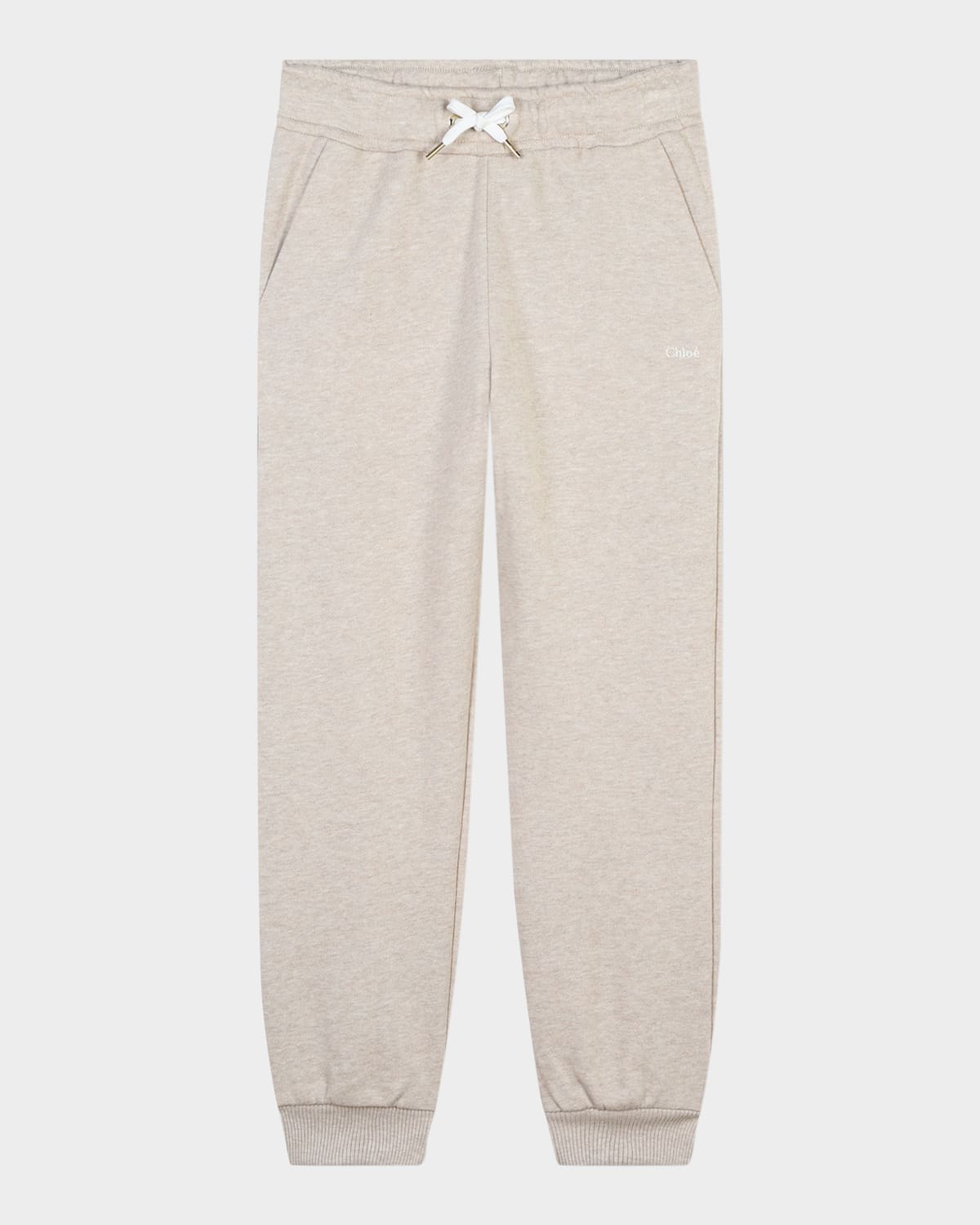 Chloé Girl's Floral Embroidered Logo-print Joggers In Beige Marl