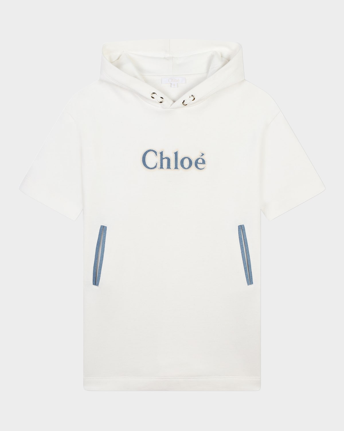 Chloé Girl's Denim Embroidered Logo-print Denim Dress In Off White