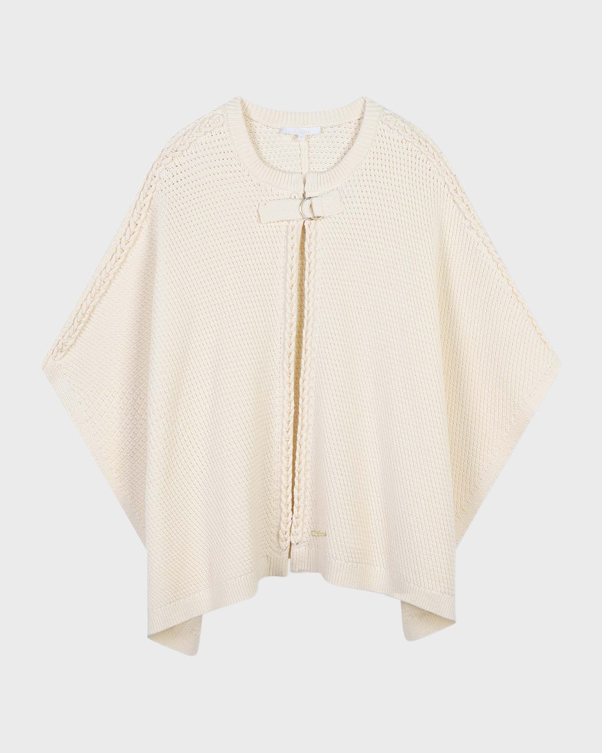 Chloé Girl's Cable Knit Cape W/ Metal Logo Plate In Ivory