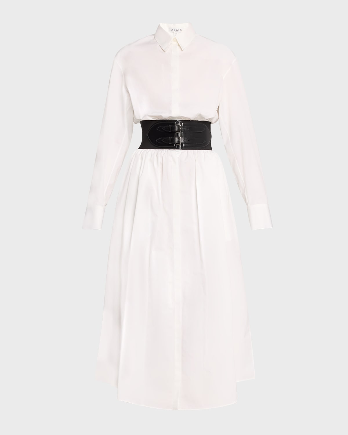 Shop Alaïa Maxi Button-front Shirtdress With Leather Belt In Blanc