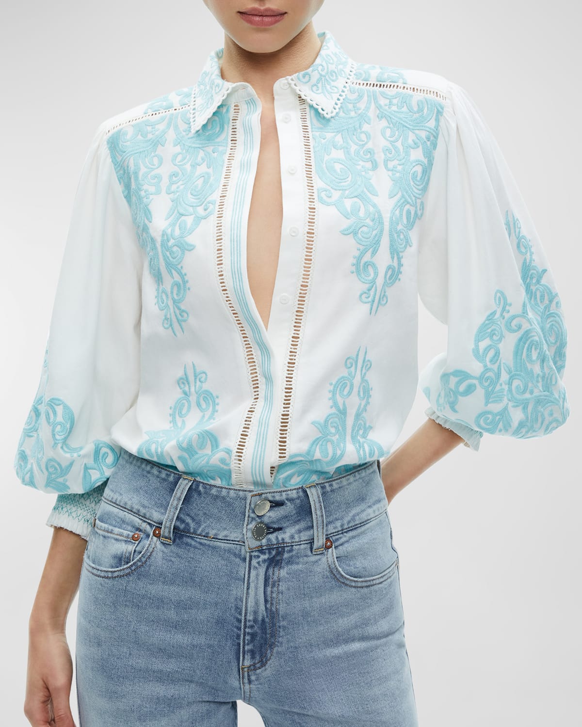Alice And Olivia Loryn Embroidered Button-front Blouse In Blue