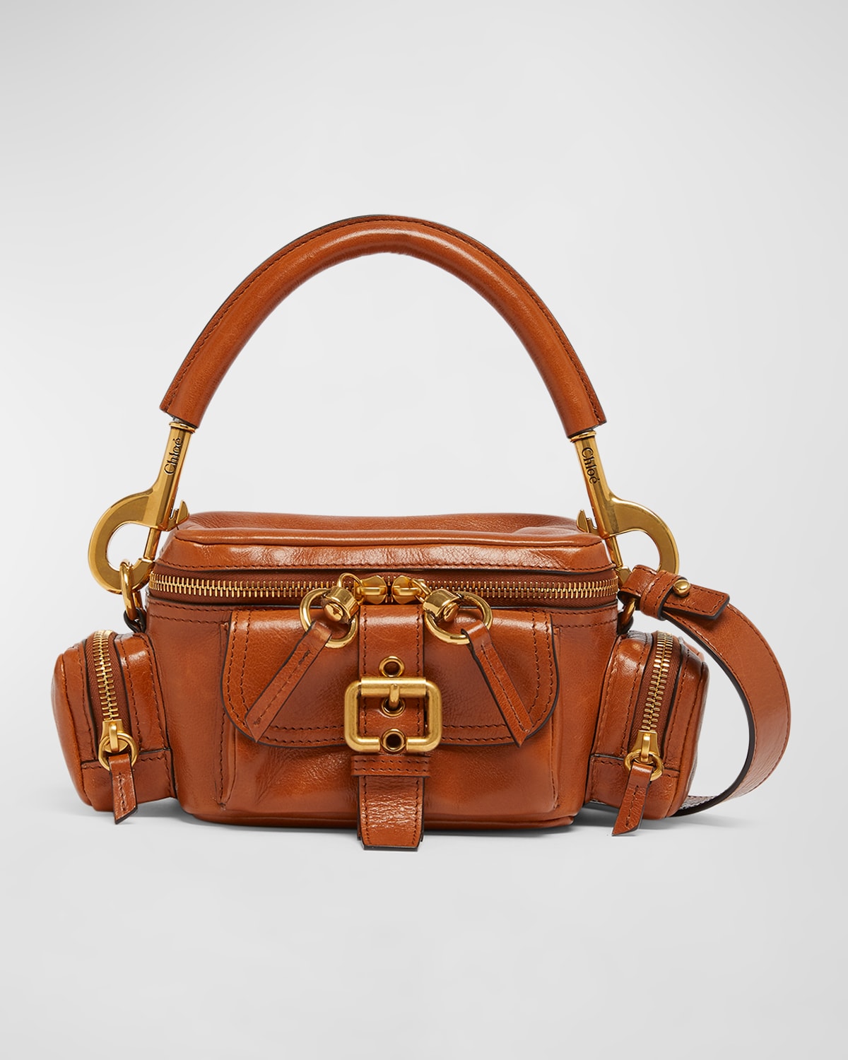 Chloé Small Double Carry Leather Bag With Multipocket Detail In Clay Brown