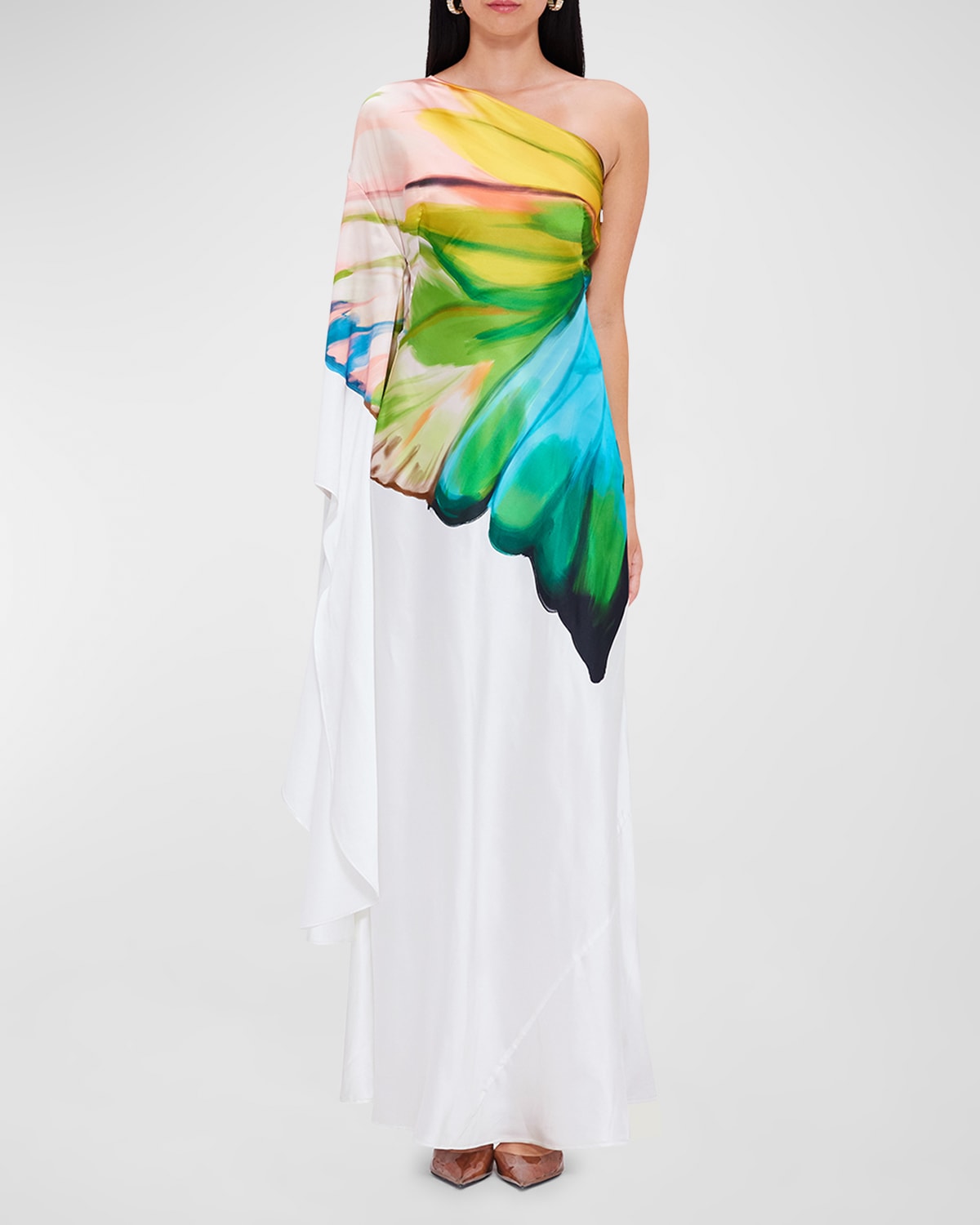 Mei One-Shoulder Butterfly-Print Gown