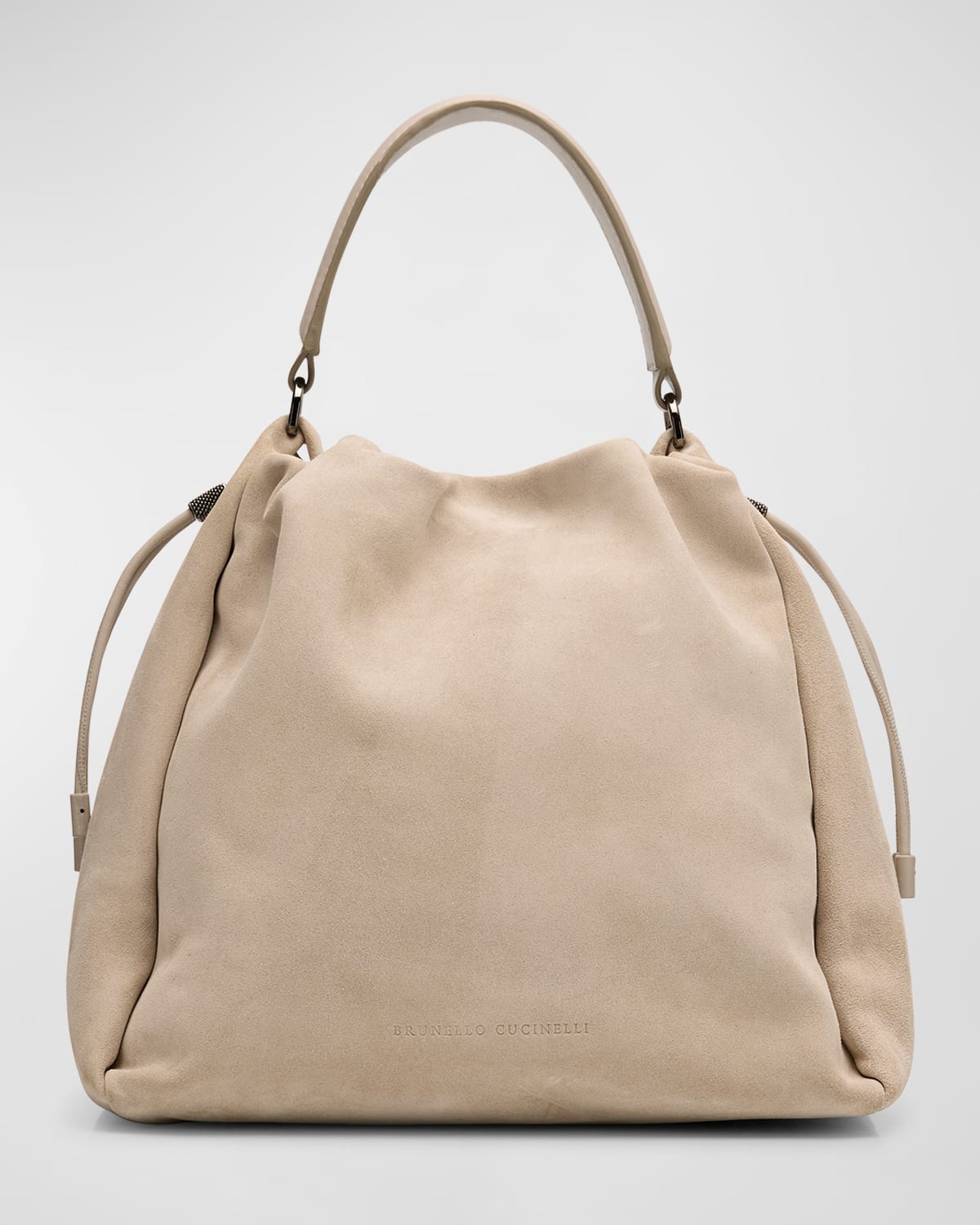 Brunello Cucinelli Medium Drawstring Suede Top-handle Bag In Quarzo
