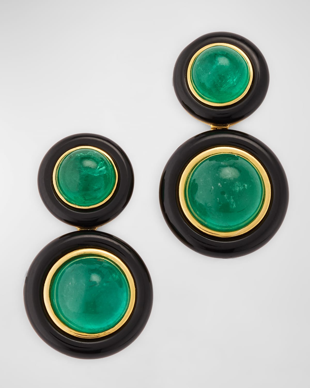 2-Row Round Emerald Earrings with Onyx and 18K Yellow Gold