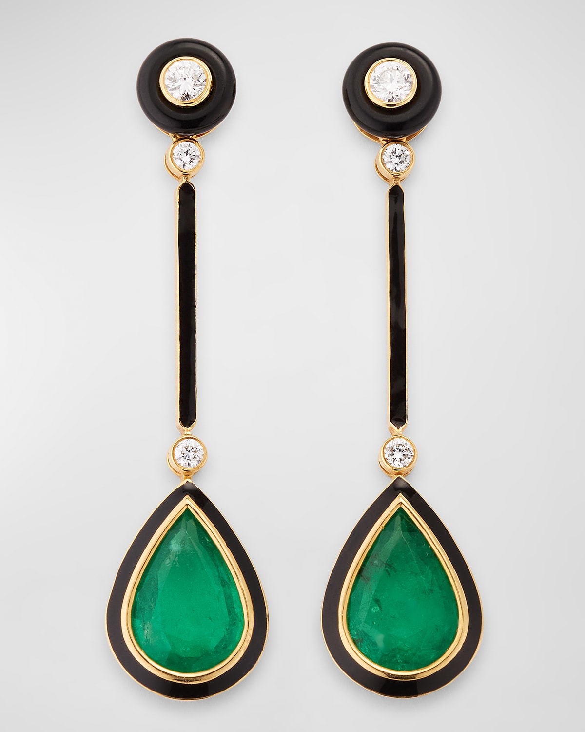 G-One Pear Shape Emerald and Onyx Earrings with Diamonds