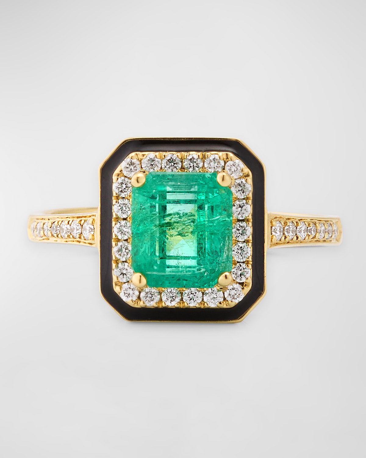 18K G-One Emerald Statement Ring with Diamonds and Black Enamel