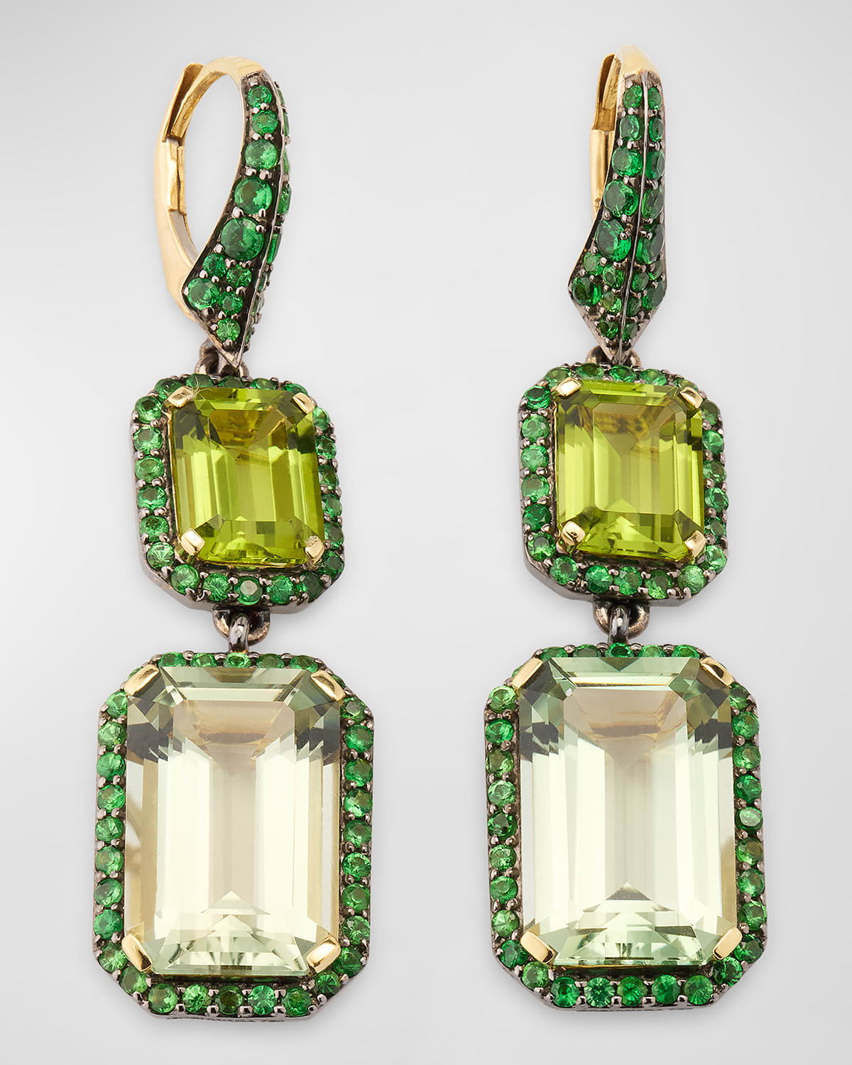 Rain Forest Peridot and Presiolite Emerald Cut Earrings with Tsavorite