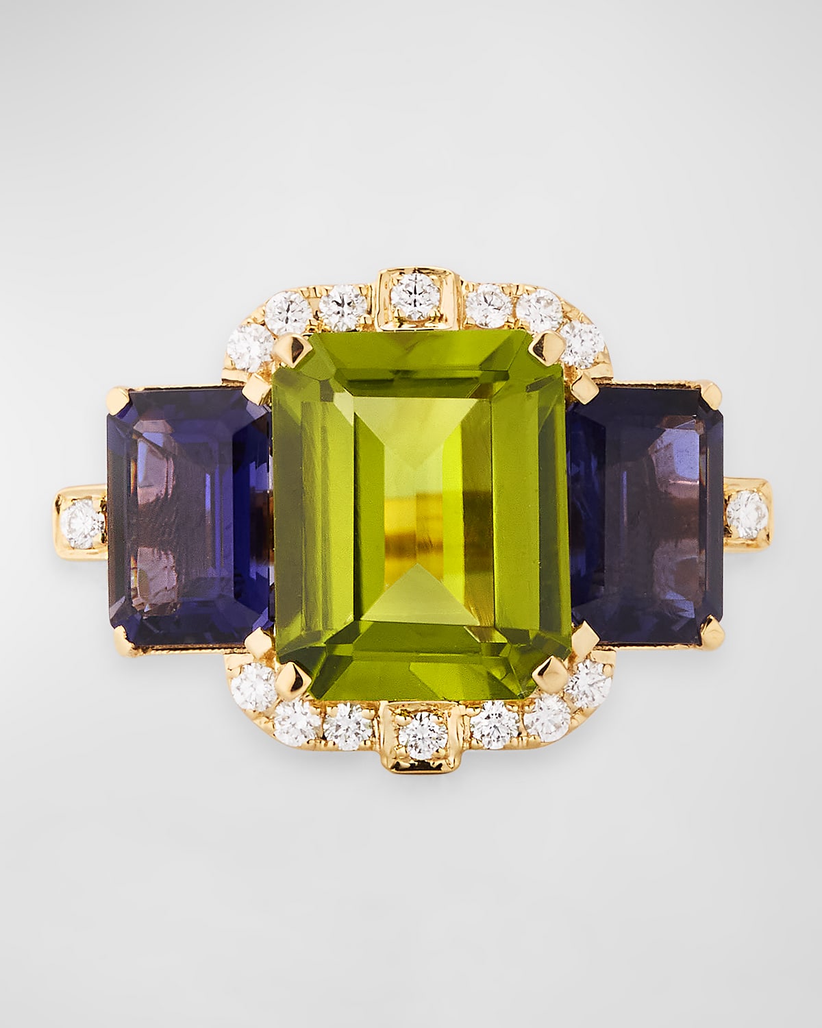 18K 3-Stone Peridot and Iolite Emerald Cut Statement Ring with Diamonds