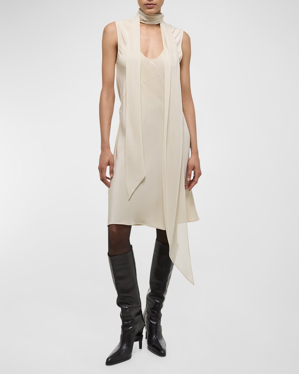 Shop Helmut Lang Sleeveless Silk Scarf Dress In Oat