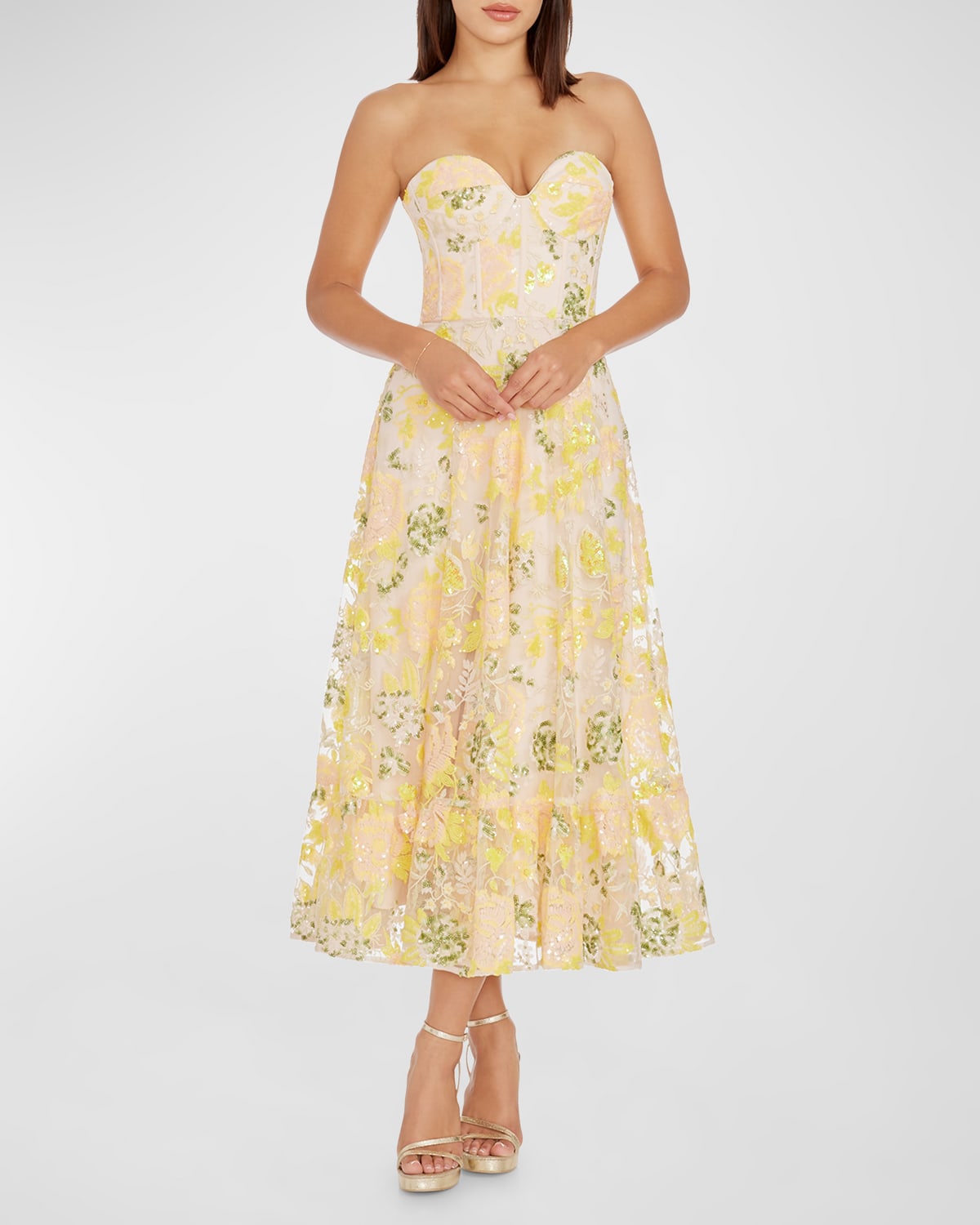 Carina Strapless Sequin Floral Midi Dress