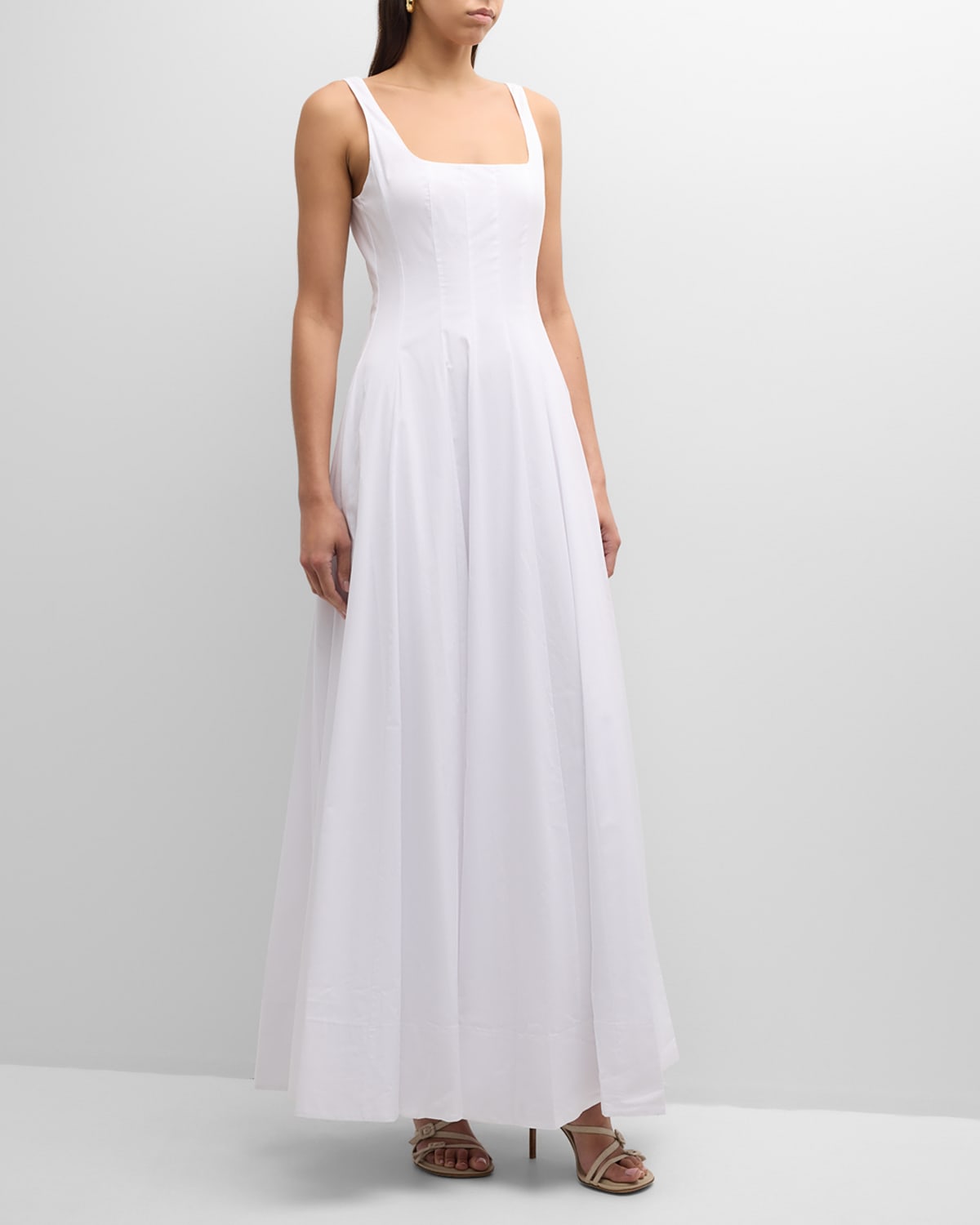 Shop Staud Wells Sleeveless Cotton Poplin Corset Maxi Dress In White