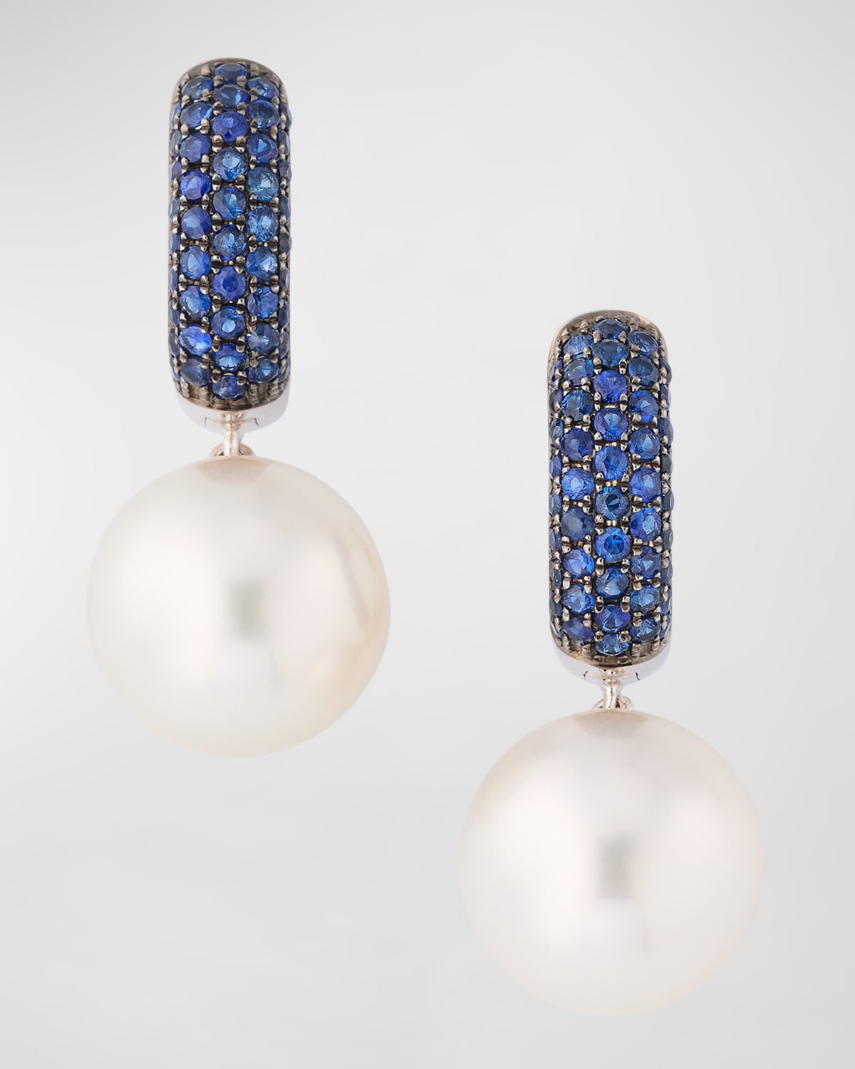 18K White Gold Blue Sapphire and 12.8mm Pearl Earrings